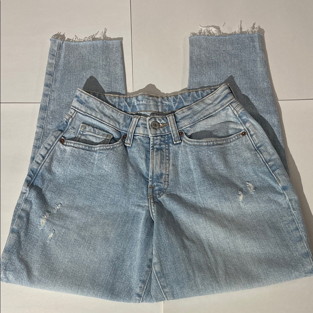Old Navy High Rise Curvy O.G. Straight Light Wash Denim Jeans Distressed sz 0